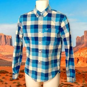 HOLLISTER Blue and Beige Plaid Long Sleeve Button Down Shirt with Oxford Collar